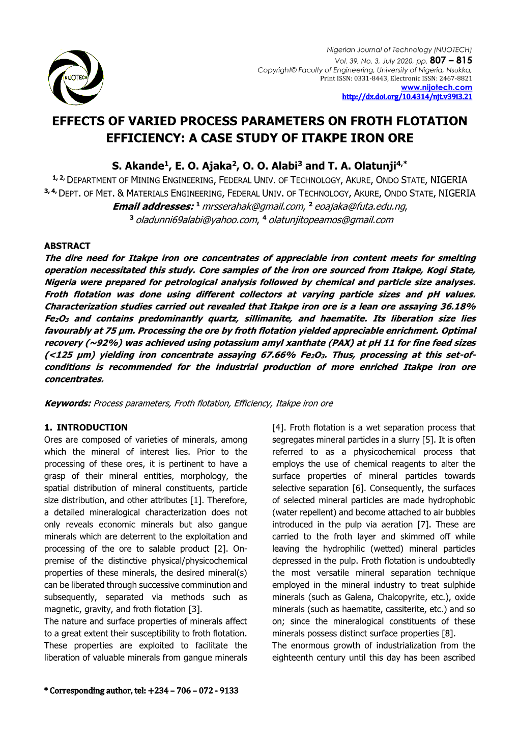 Effects of Varied Process Parameters on Froth Flotation Efficiency: a Case Study of Itakpe Iron Ore