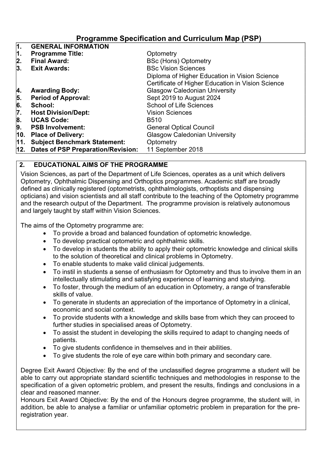 Programme Specification and Curriculum Map (PSP) 1