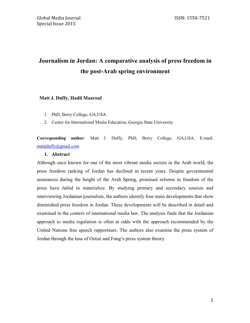 Journalism in Jordan: a Comparative Analysis of Press Freedom in the Post-Arab Spring Environment