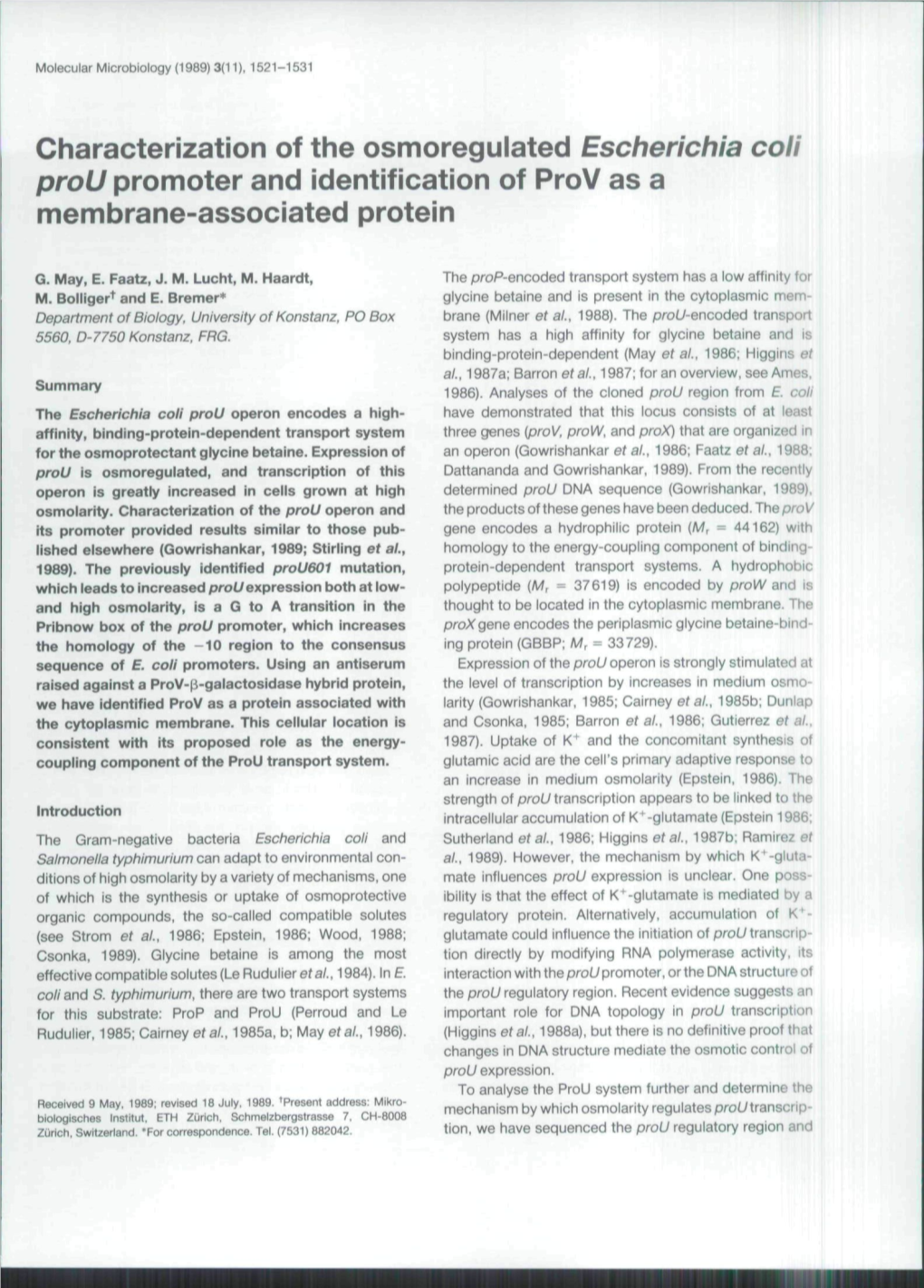 Characterization of the Osmoregulated Escherichia Coli Prou Promoter and Identification of Prov As a Membrane-Associated Protein