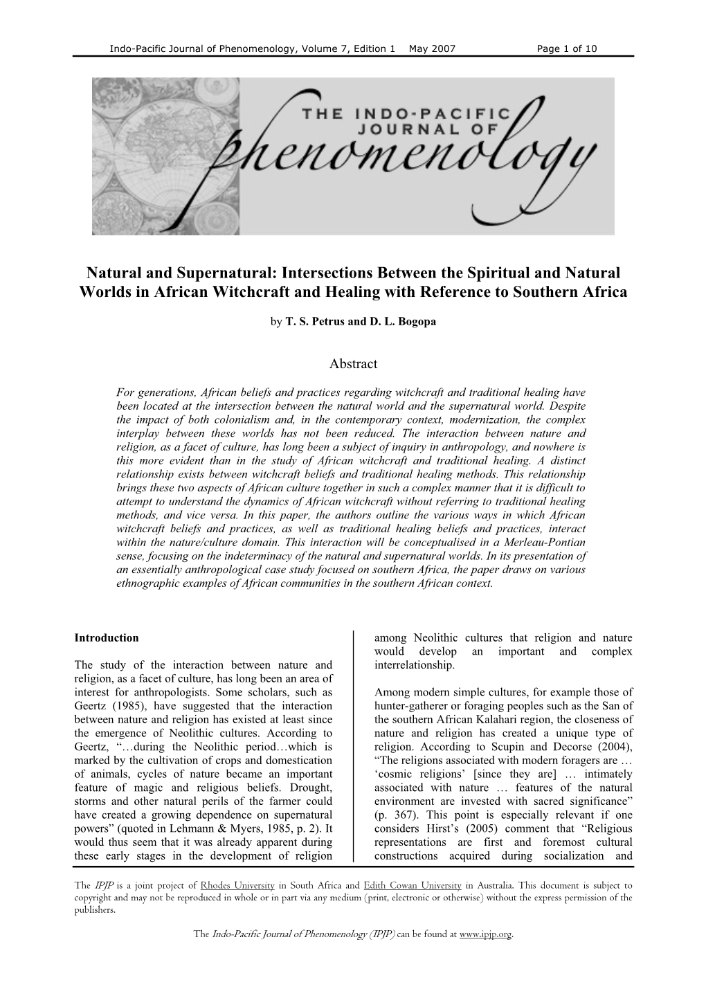 Natural and Supernatural: Intersections Between the Spiritual and Natural Worlds in African Witchcraft and Healing with Reference to Southern Africa