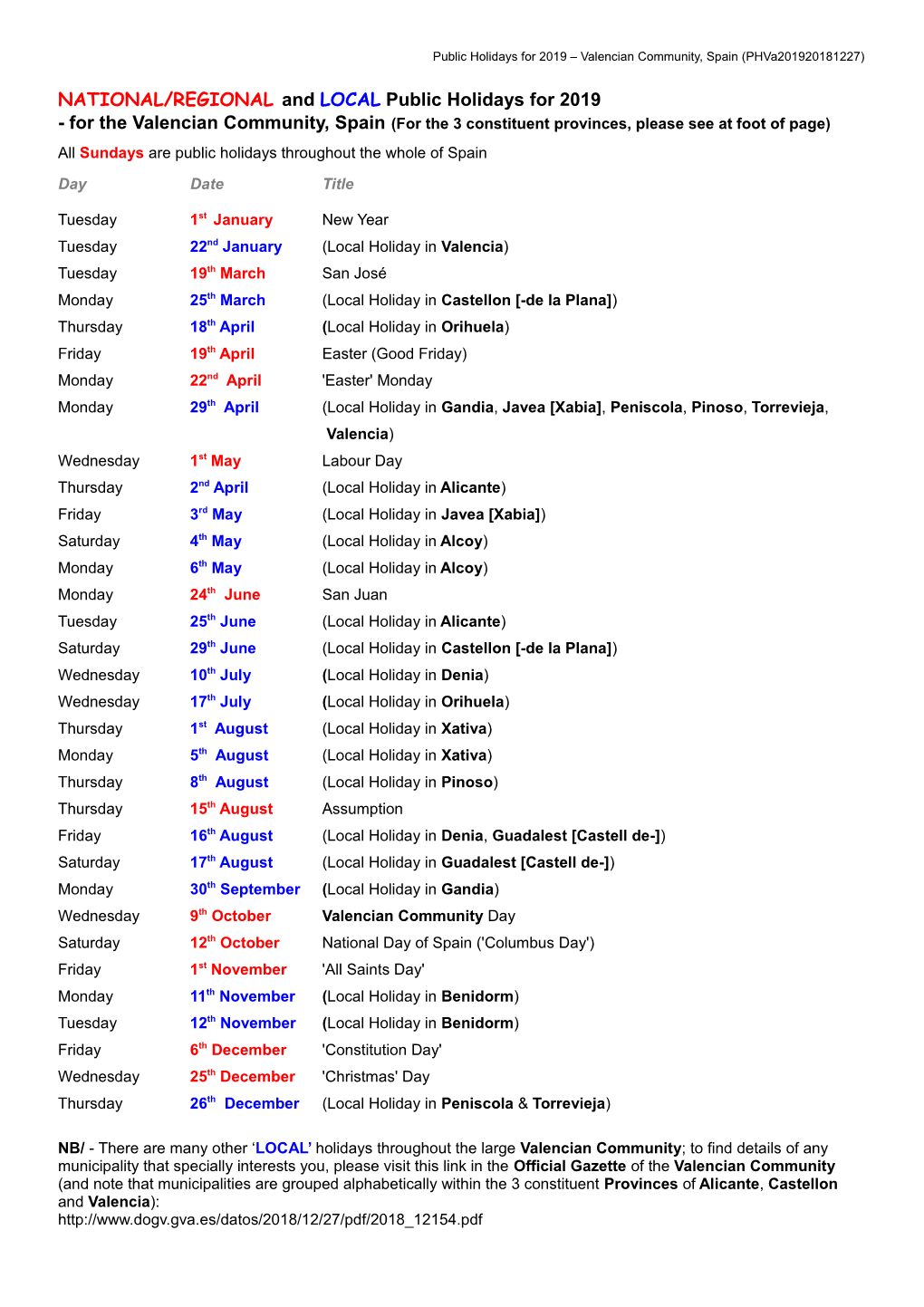 NATIONAL/REGIONAL and LOCAL Public Holidays for 2019