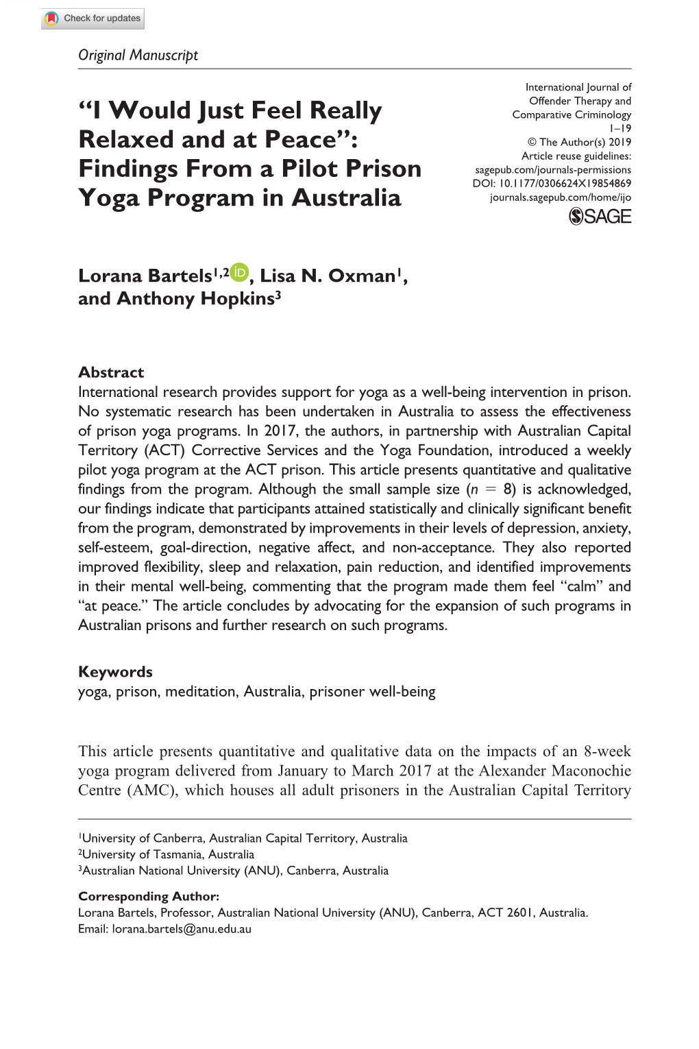 Findings from a Pilot Prison Yoga Program in Australia