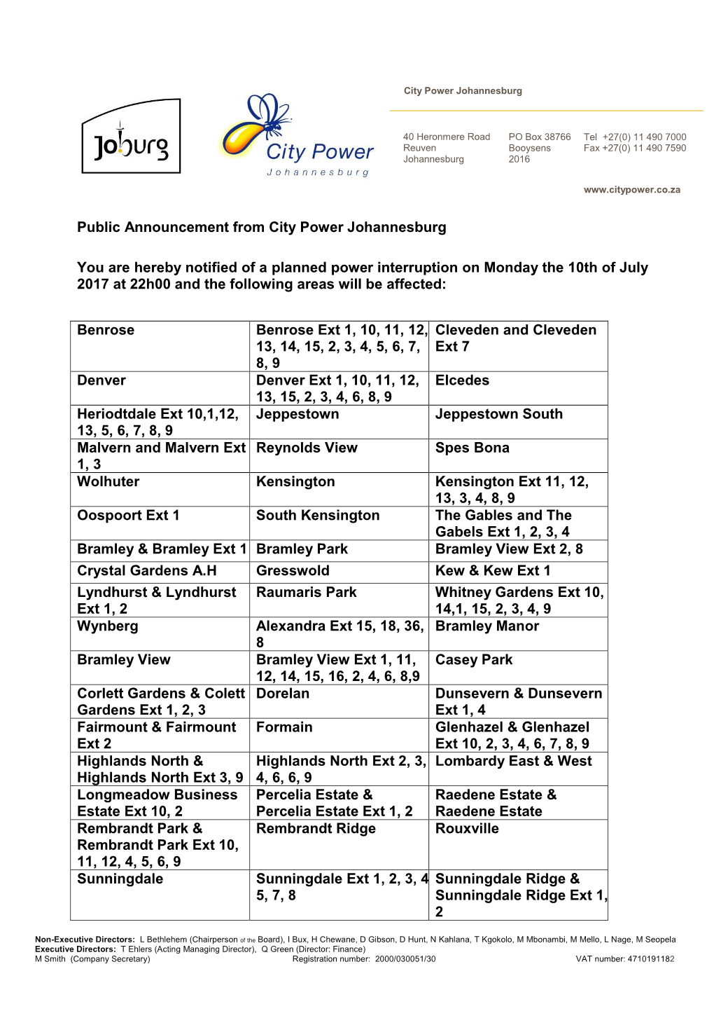 Public Announcement from City Power Johannesburg You Are Hereby