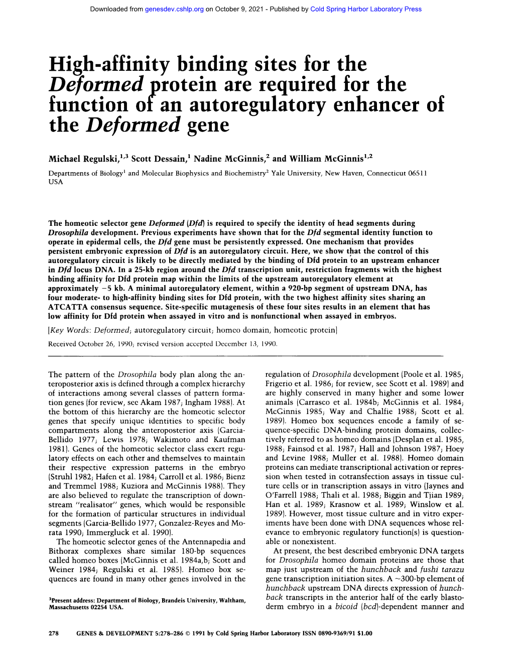 High-Affinity Binding Sites for the Deformed Protein Are Required for the Function of an Autoregulatory Enhancer of the Deformed Gene