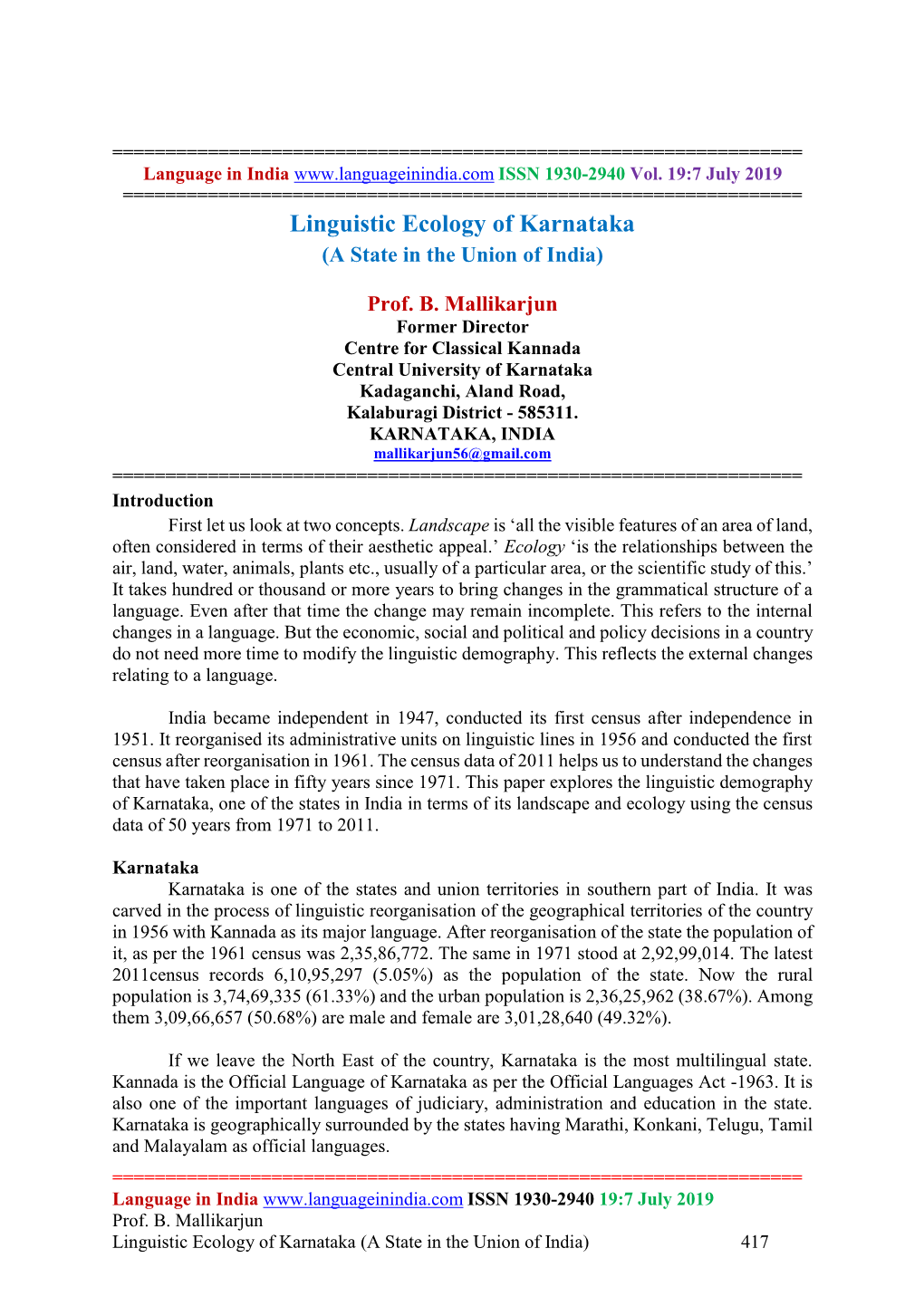 Linguistic Ecology of Karnataka (A State in the Union of India)