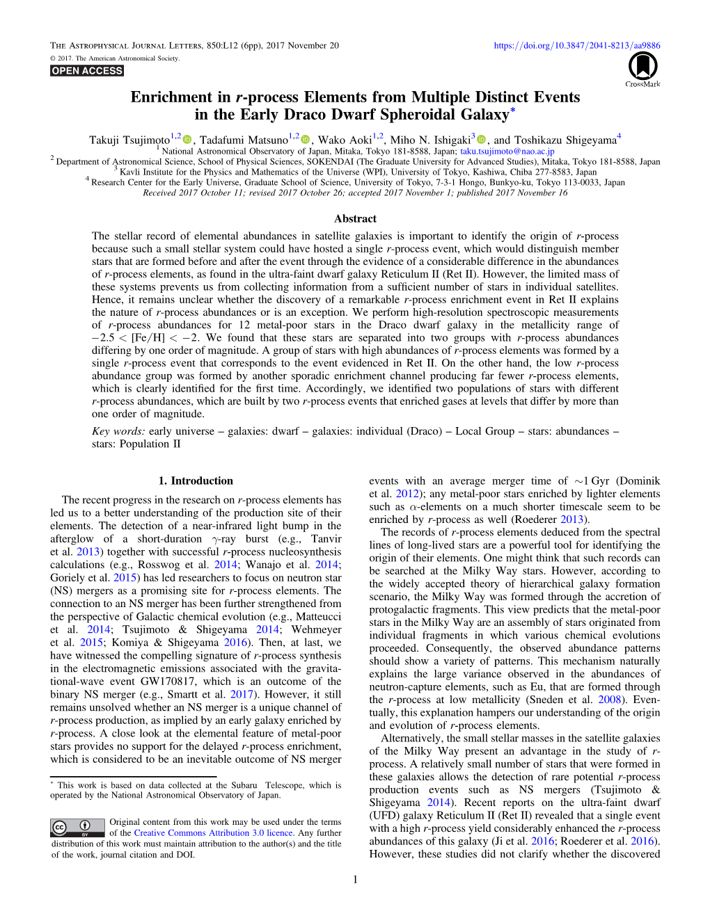 Enrichment in R-Process Elements from Multiple Distinct Events in the Early Draco Dwarf Spheroidal Galaxy*