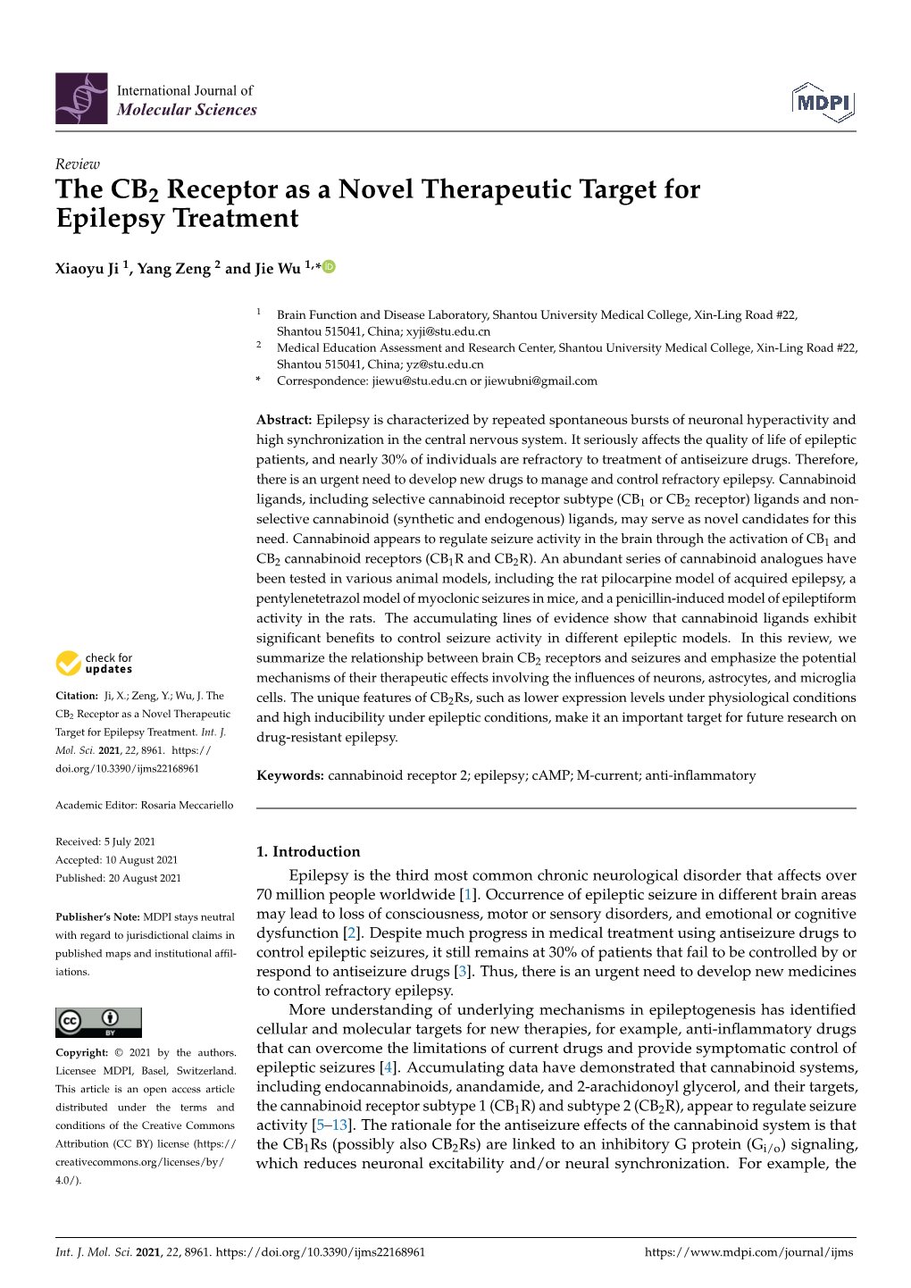 The CB2 Receptor As a Novel Therapeutic Target for Epilepsy Treatment