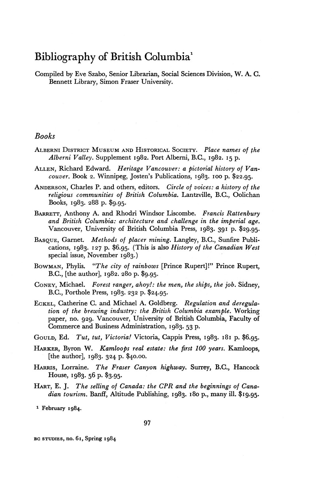 Bibliography of British Columbia1