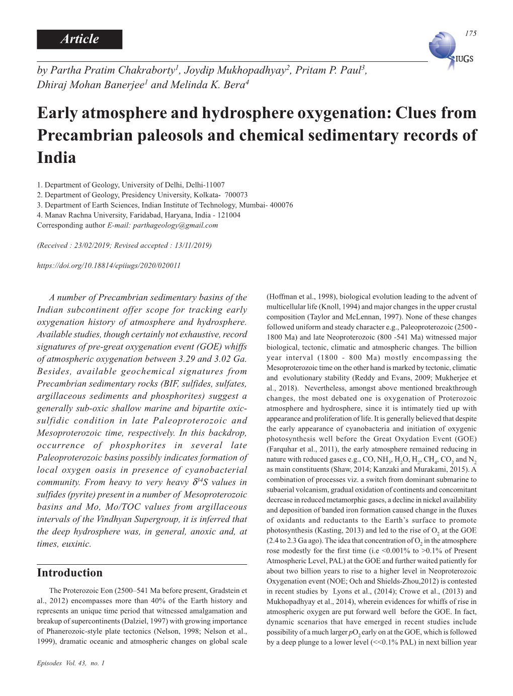 Early Atmosphere and Hydrosphere Oxygenation: Clues from Precambrian Paleosols and Chemical Sedimentary Records of India