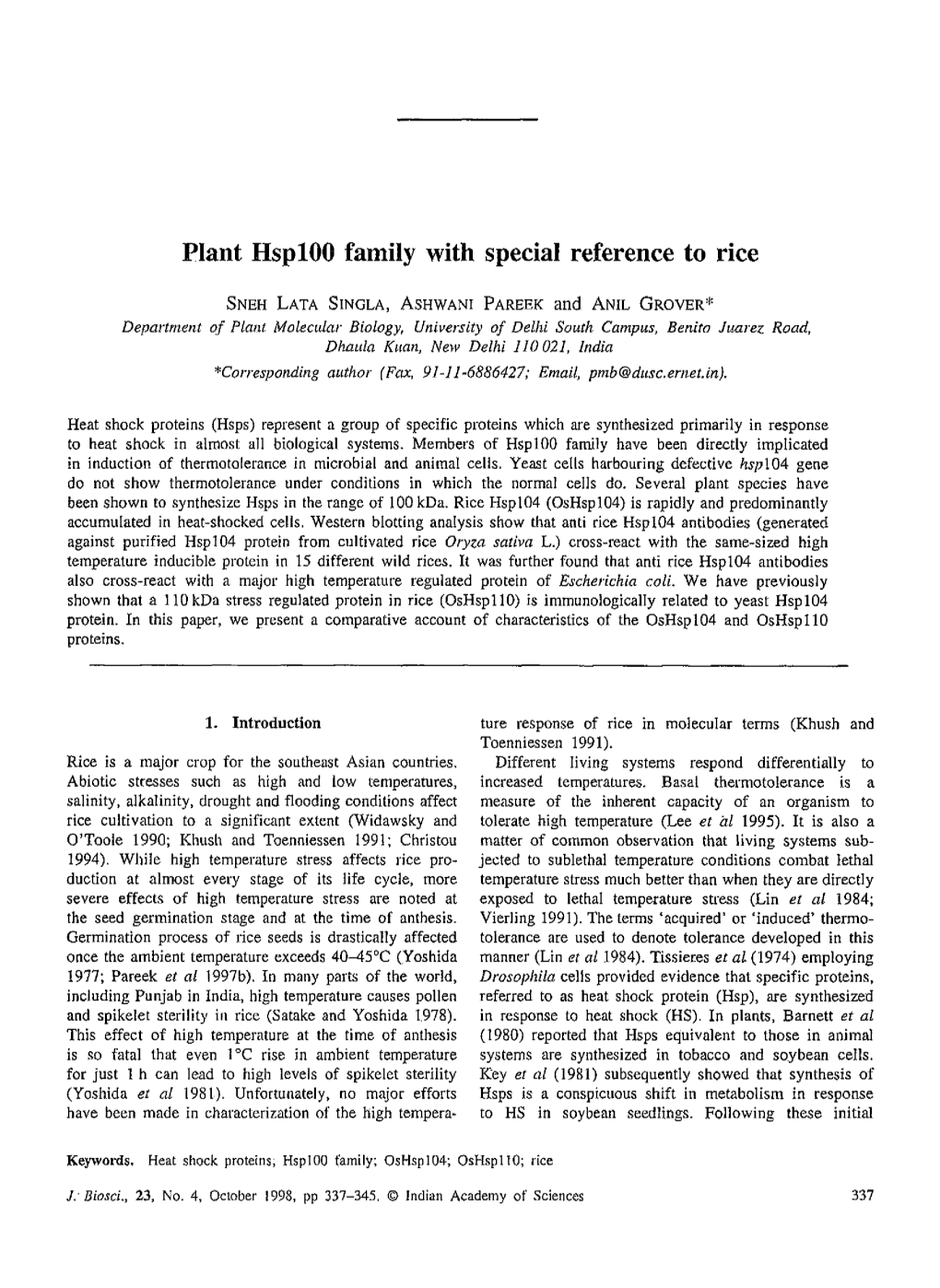 Plant Hsp100 Family with Special Reference to Rice