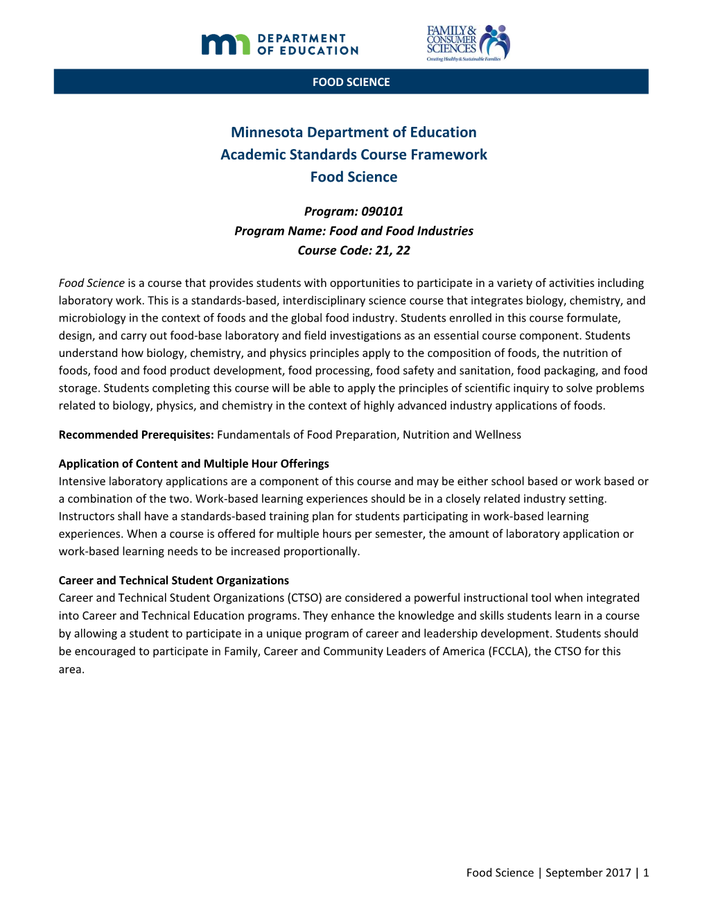 Minnesota FACS Frameworks for Food Science