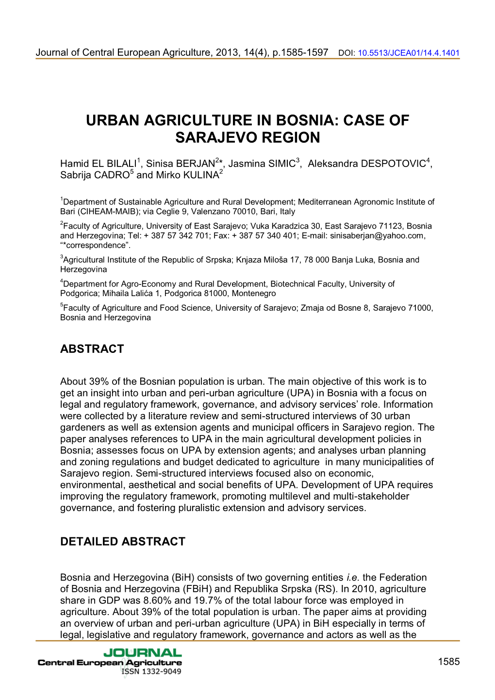 Urban Agriculture in Bosnia: Case of Sarajevo Region