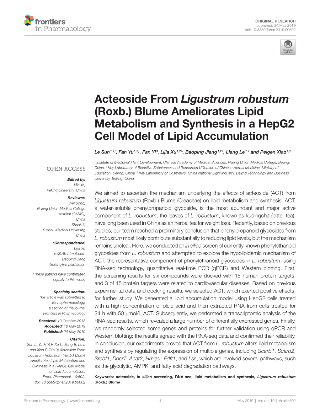 Acteoside from Ligustrum Robustum (Roxb.) Blume Ameliorates Lipid Metabolism and Synthesis in a Hepg2 Cell Model of Lipid Accumulation