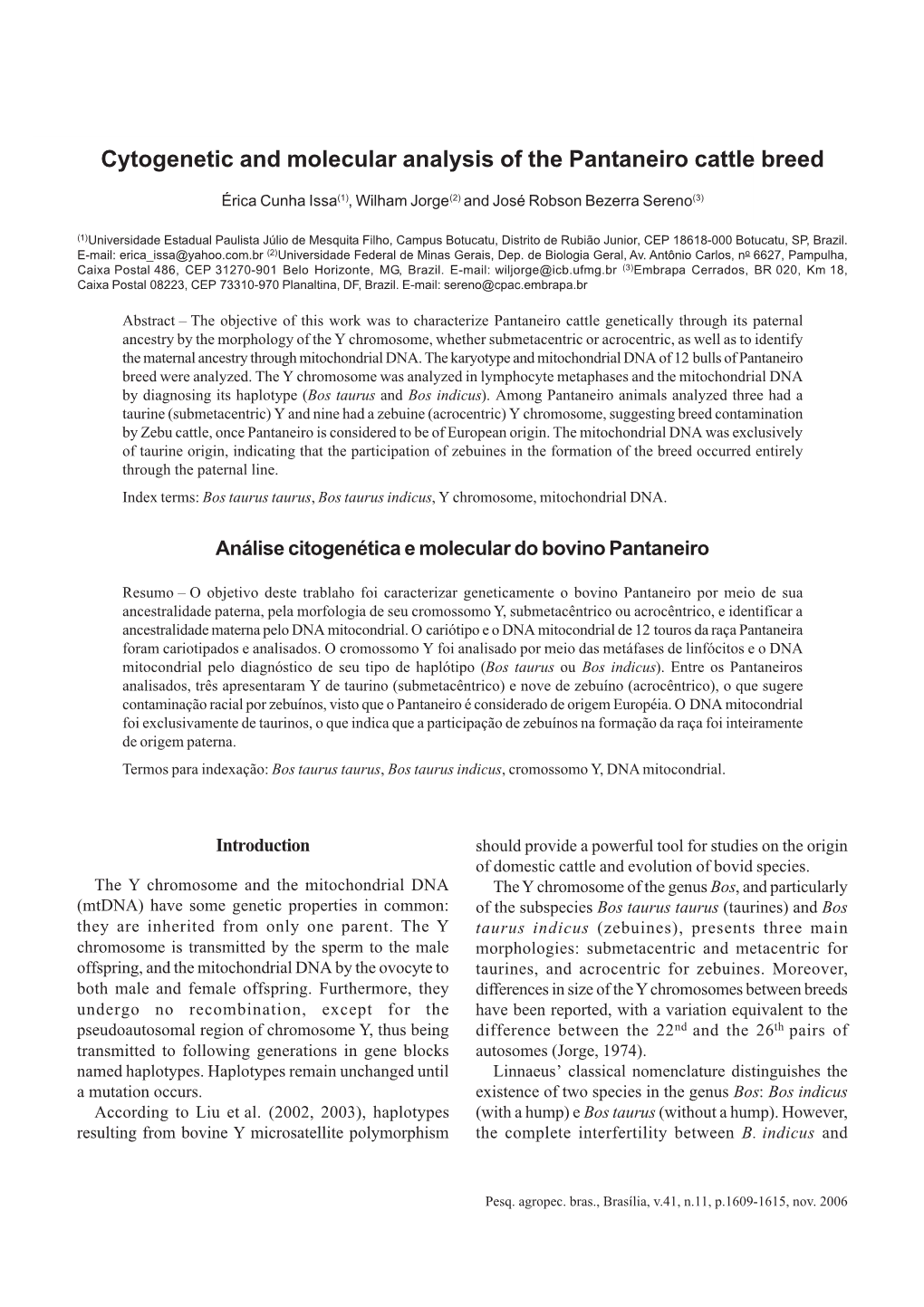 Cytogenetic and Molecular Analysis of the Pantaneiro Cattle Breed