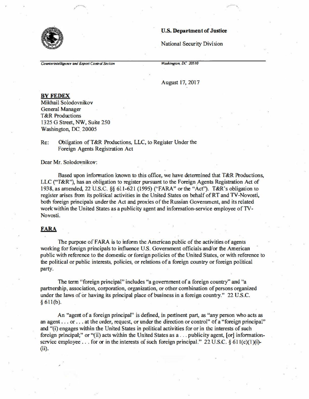 U.S. Department of Justice FARA