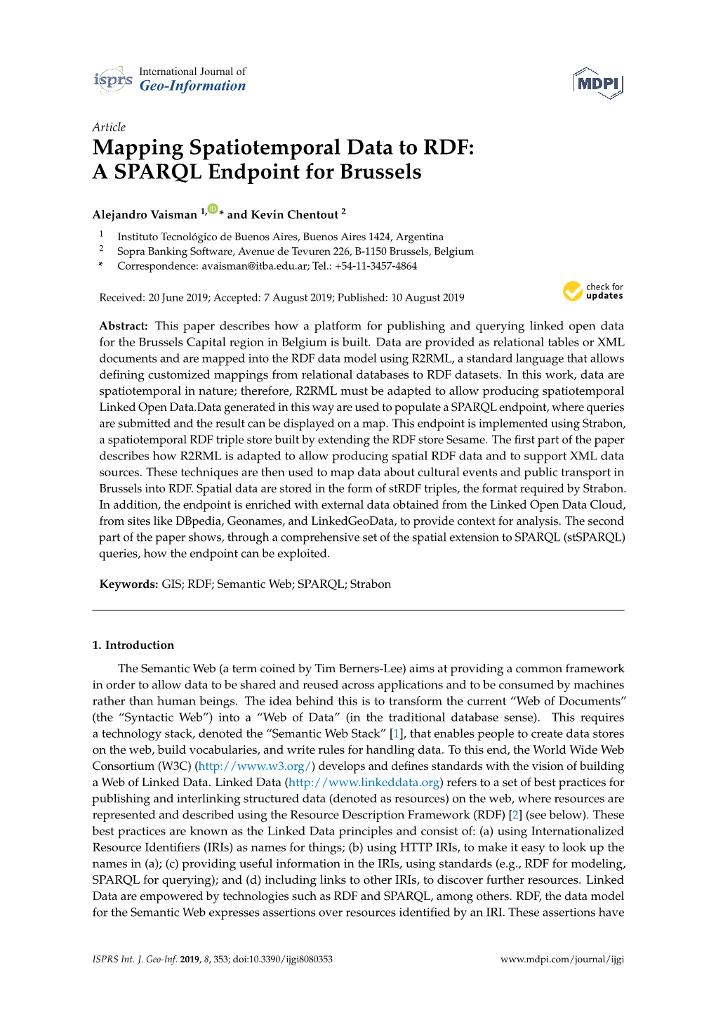 Mapping Spatiotemporal Data to RDF: a SPARQL Endpoint for Brussels