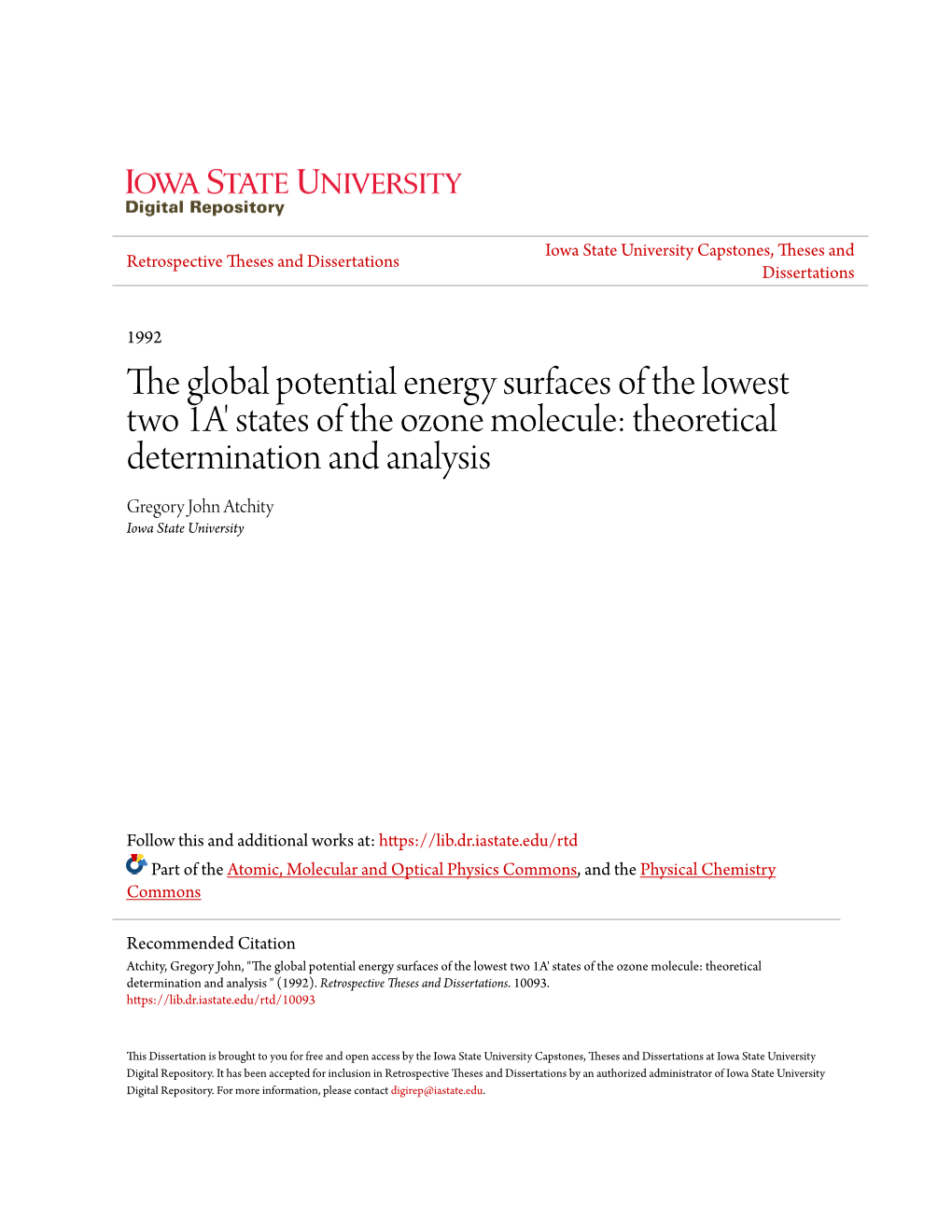 The Global Potential Energy Surfaces of the Lowest Two 1A' States of The