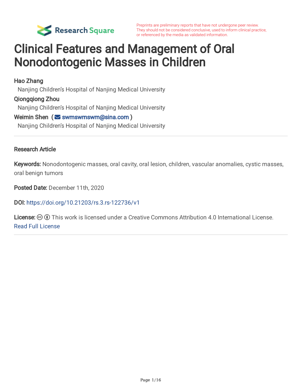 Clinical Features and Management of Oral Nonodontogenic Masses in Children