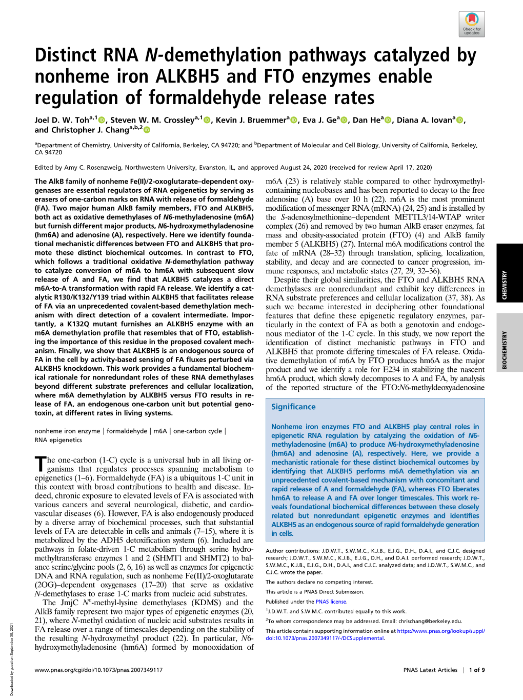 Distinct RNA N-Demethylation Pathways Catalyzed by Nonheme Iron ALKBH5 and FTO Enzymes Enable Regulation of Formaldehyde Release Rates