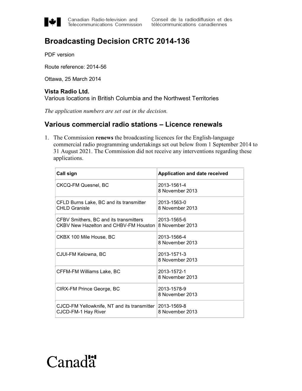 Broadcasting Decision CRTC 2014-136