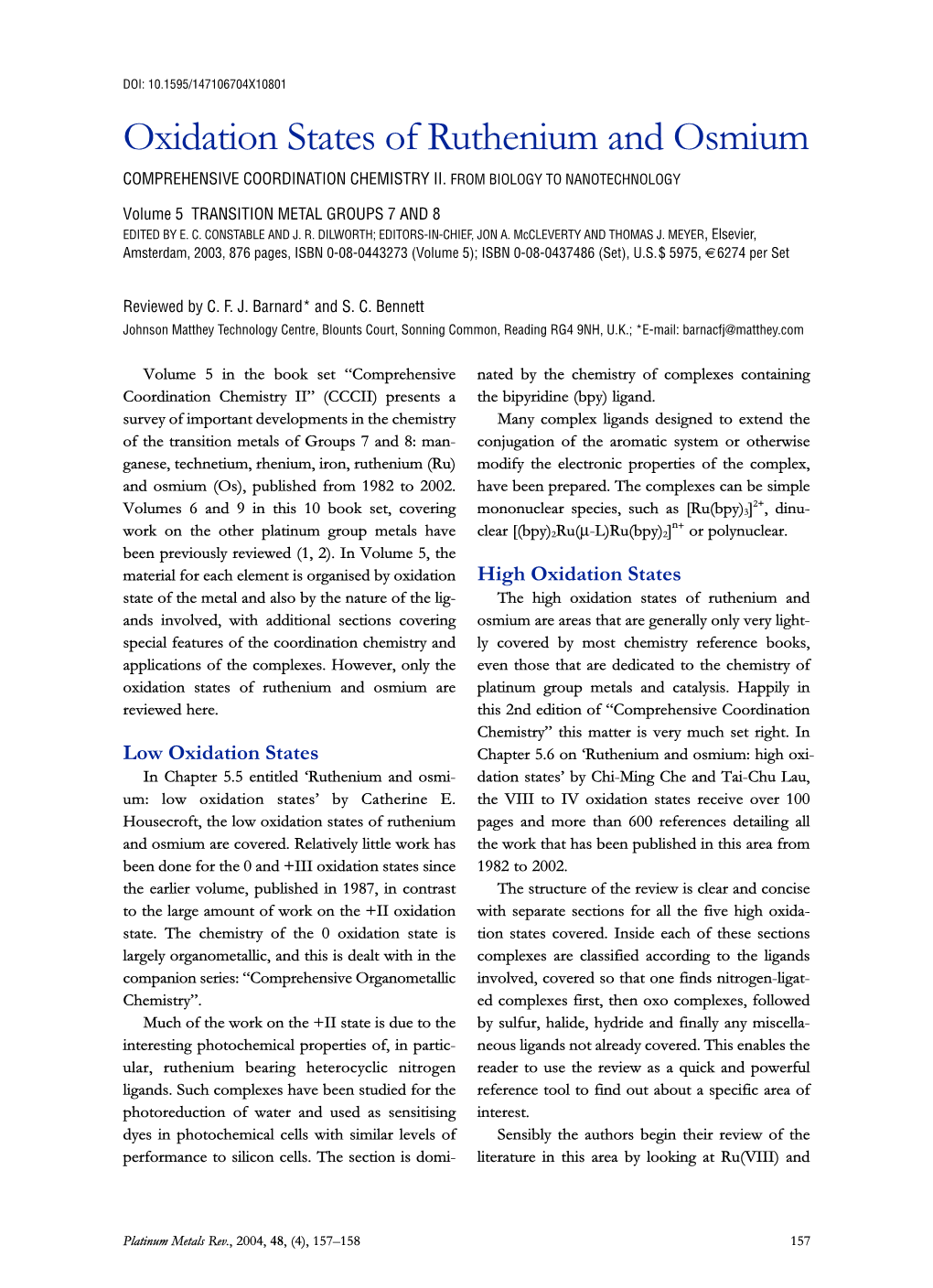 Oxidation States of Ruthenium and Osmium COMPREHENSIVE COORDINATION CHEMISTRY II