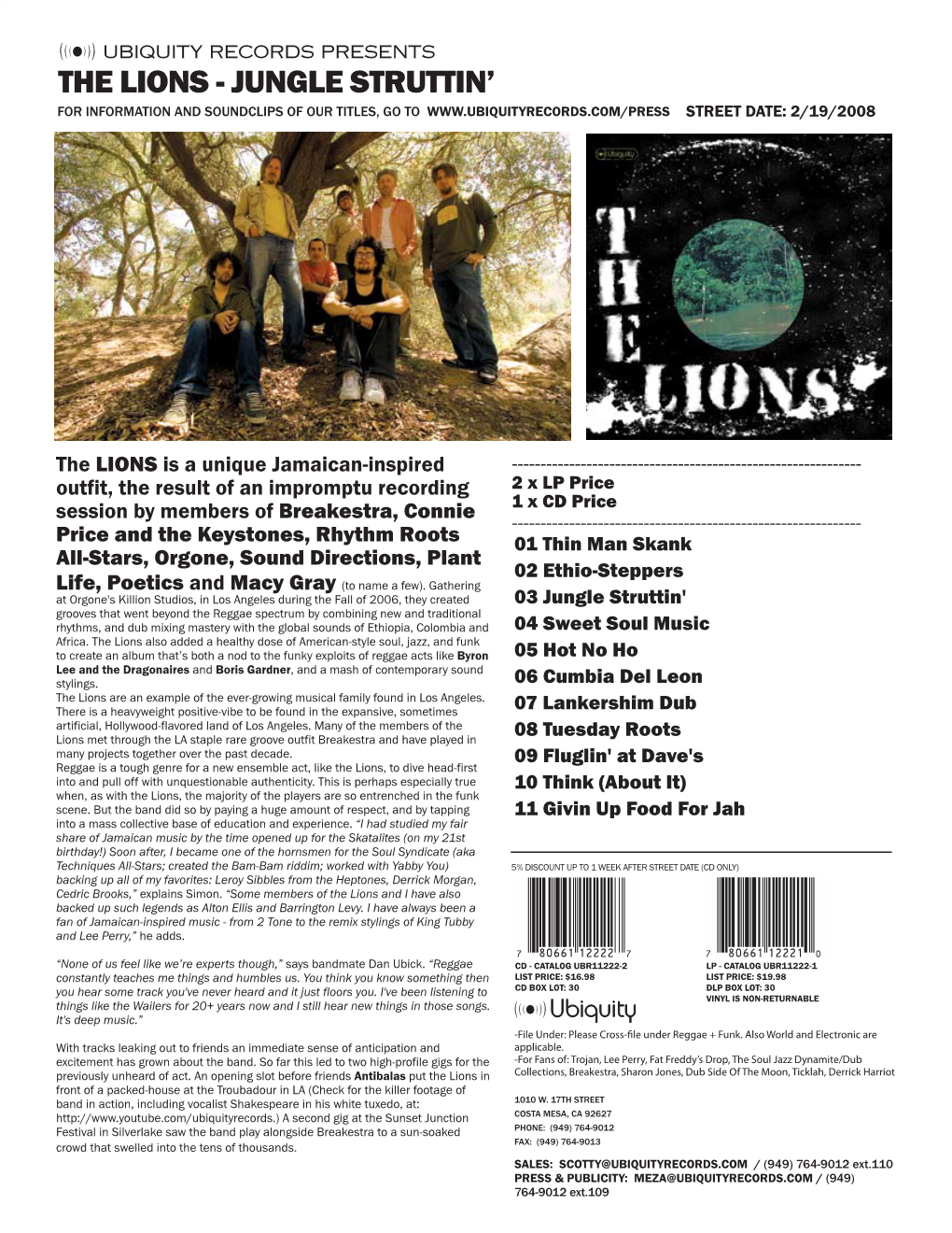 The Lions - Jungle Struttin’ for Information and Soundclips of Our Titles, Go to Street Date: 2/19/2008