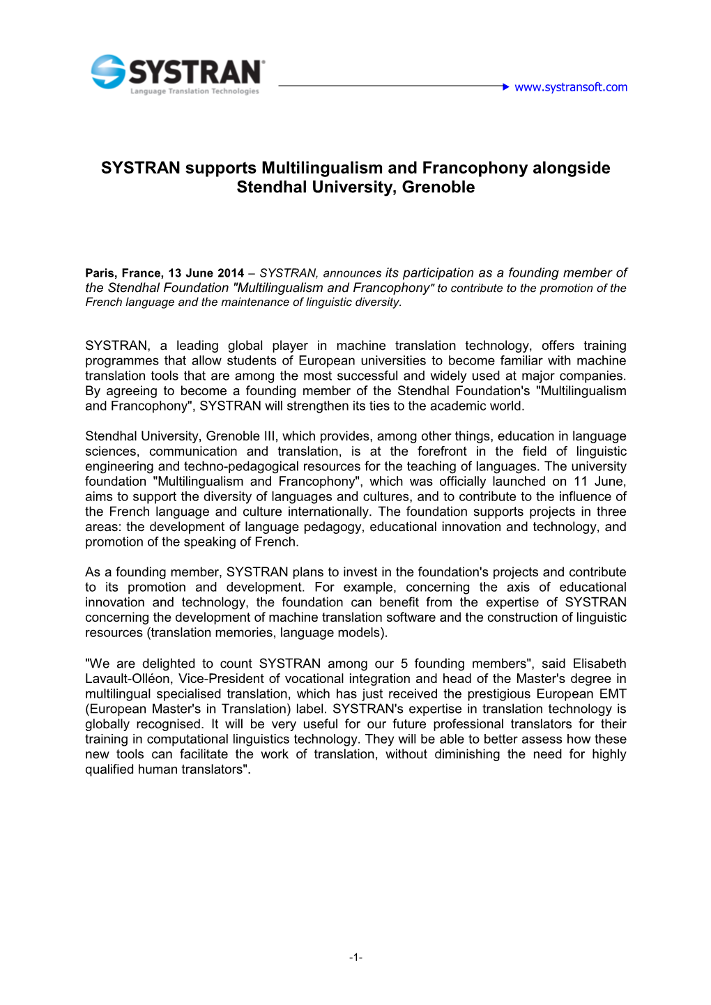 SYSTRAN Supports Multilingualism and Francophony Alongside Stendhal University, Grenoble