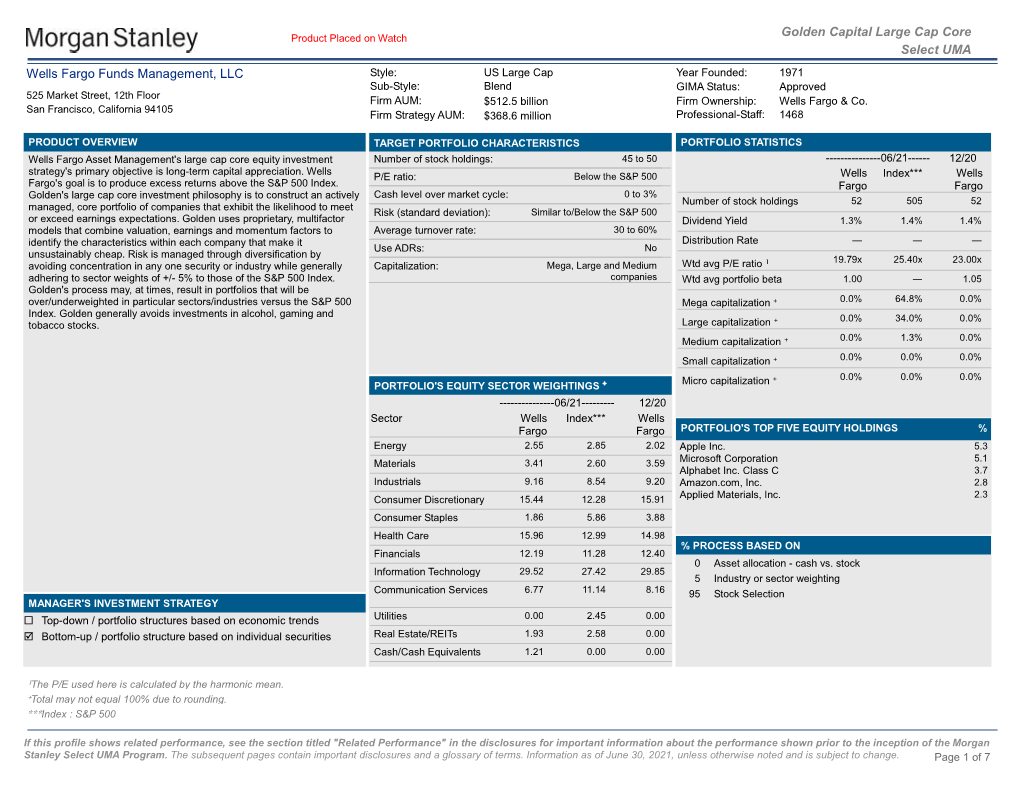 Golden Capital Large Cap Core Select UMA Wells Fargo Funds Management