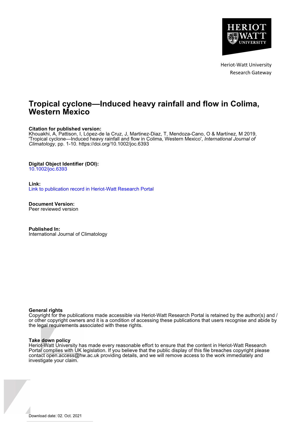 Tropical Cyclone—Induced Heavy Rainfall and Flow in Colima, Western Mexico