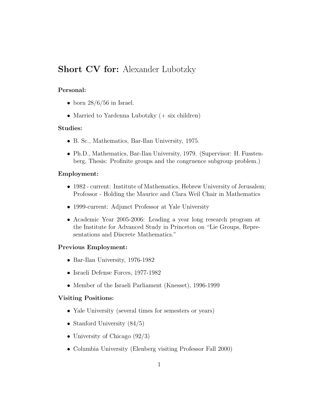 Short CV For: Alexander Lubotzky