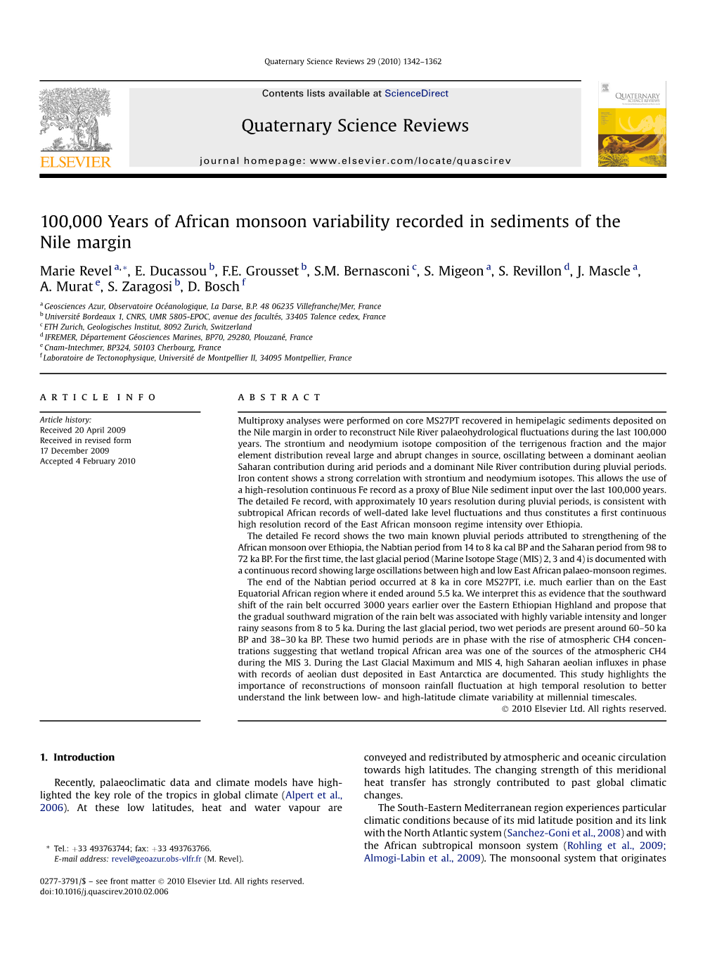 100,000 Years of African Monsoon Variability Recorded in Sediments of the Nile Margin