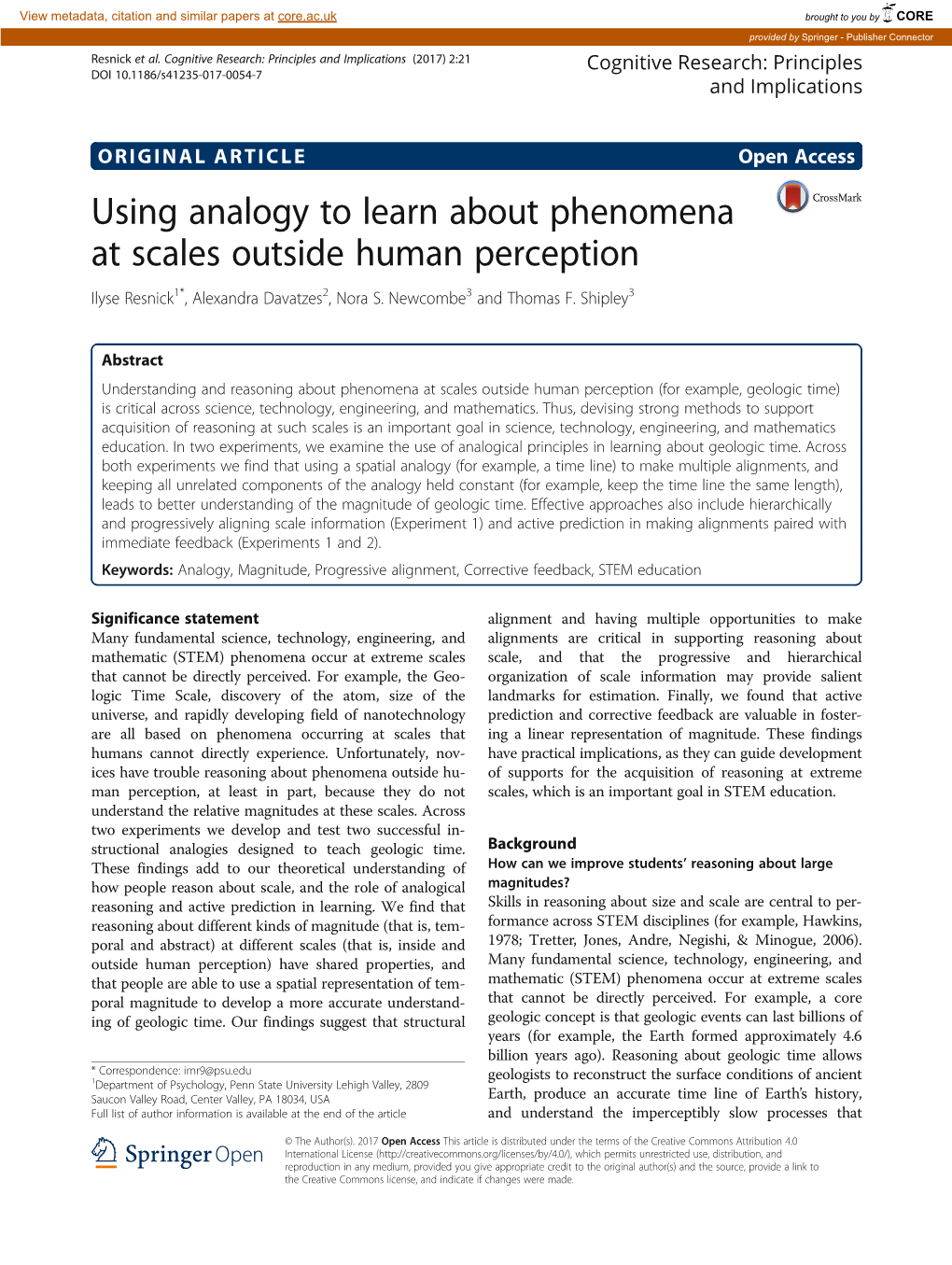 Using Analogy to Learn About Phenomena at Scales Outside Human Perception Ilyse Resnick1*, Alexandra Davatzes2, Nora S