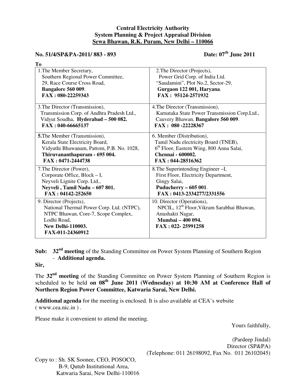 Additional Agenda Note for 32 Nd Meeting of Standing Committee on Power System Planning in Southern Region (SCPSPSR)