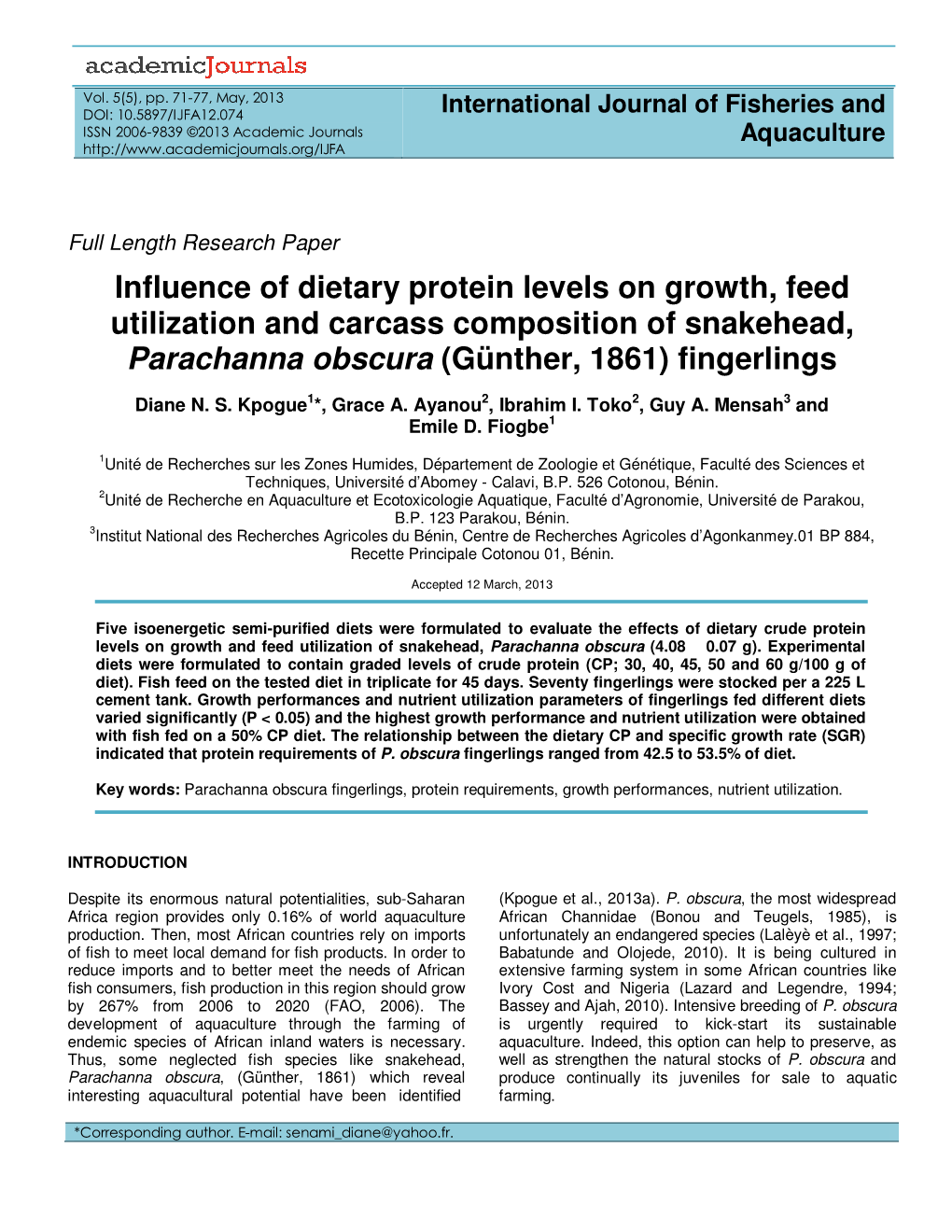 Influence of Dietary Protein Levels on Growth, Feed Utilization and Carcass Composition of Snakehead, Parachanna Obscura (Günther, 1861) Fingerlings