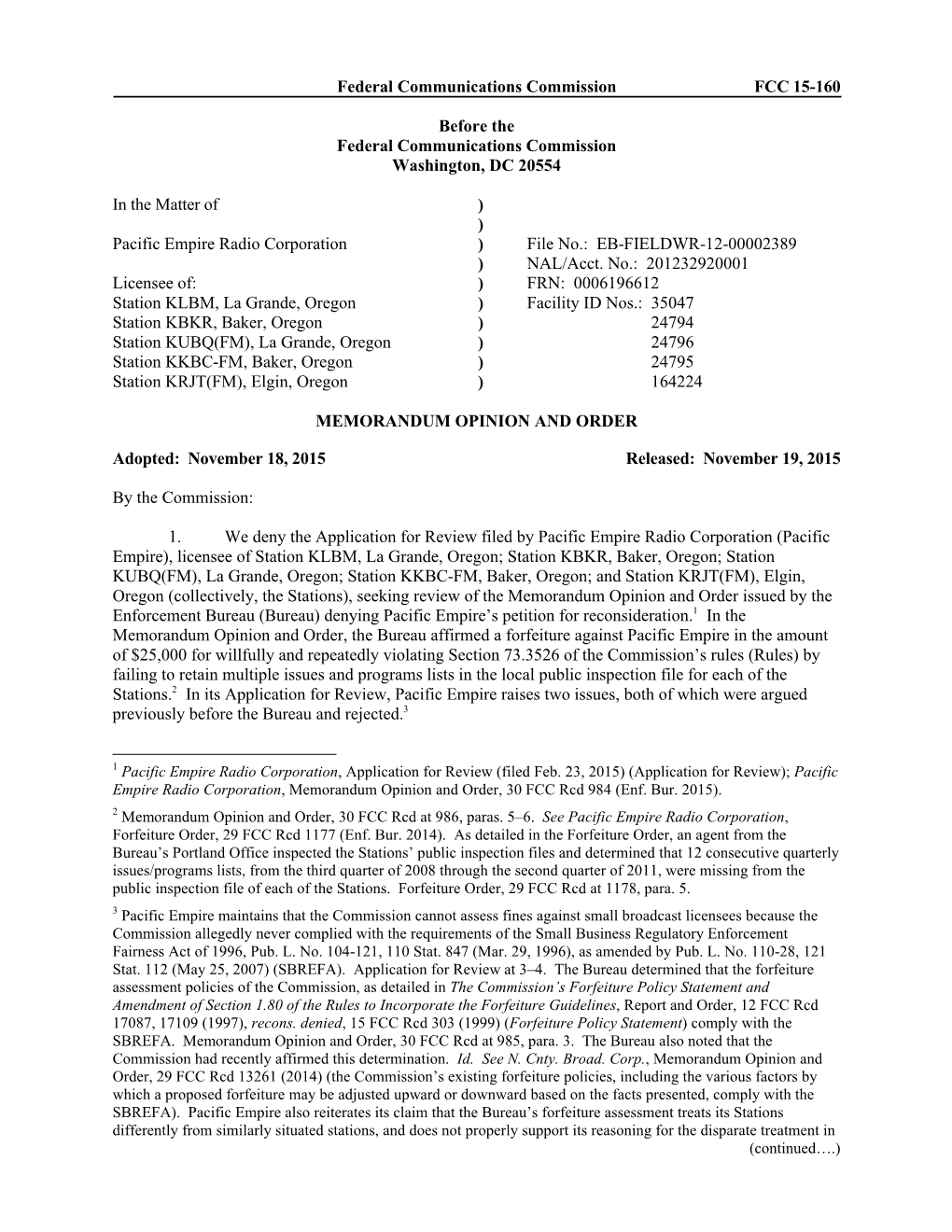 Federal Communications Commission FCC 15-160 Before the Federal