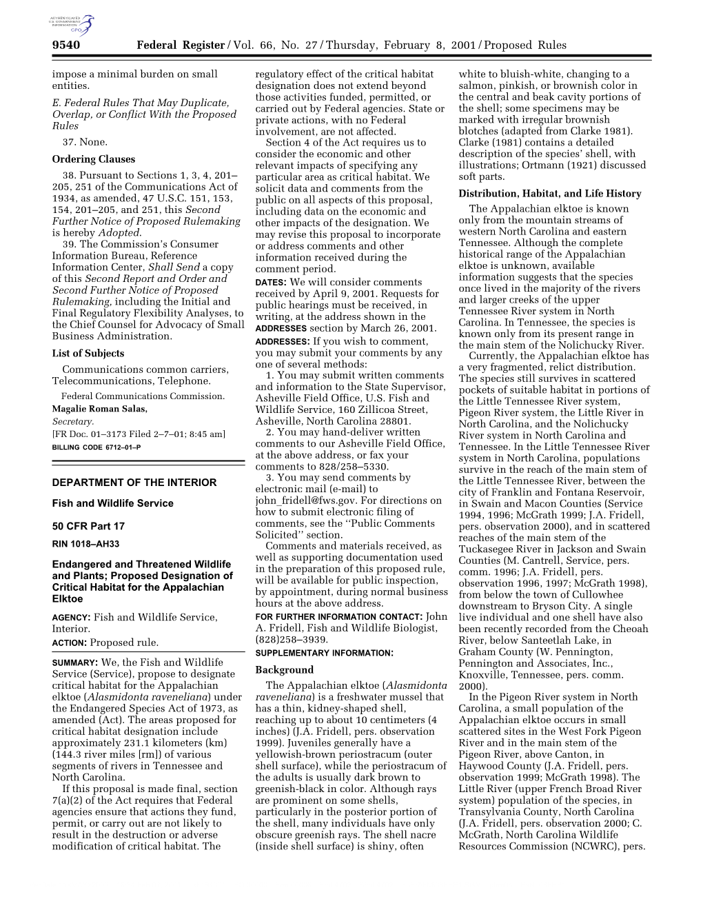 Federal Register/Vol. 66, No. 27/Thursday, February 8, 2001/Proposed Rules