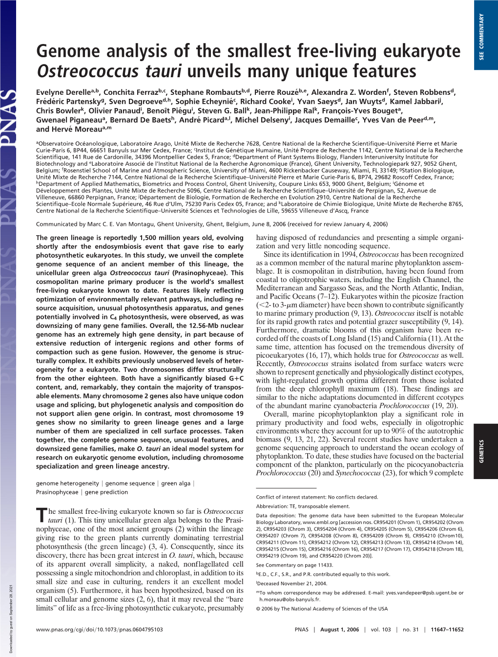 Genome Analysis of the Smallest Free-Living Eukaryote Ostreococcus