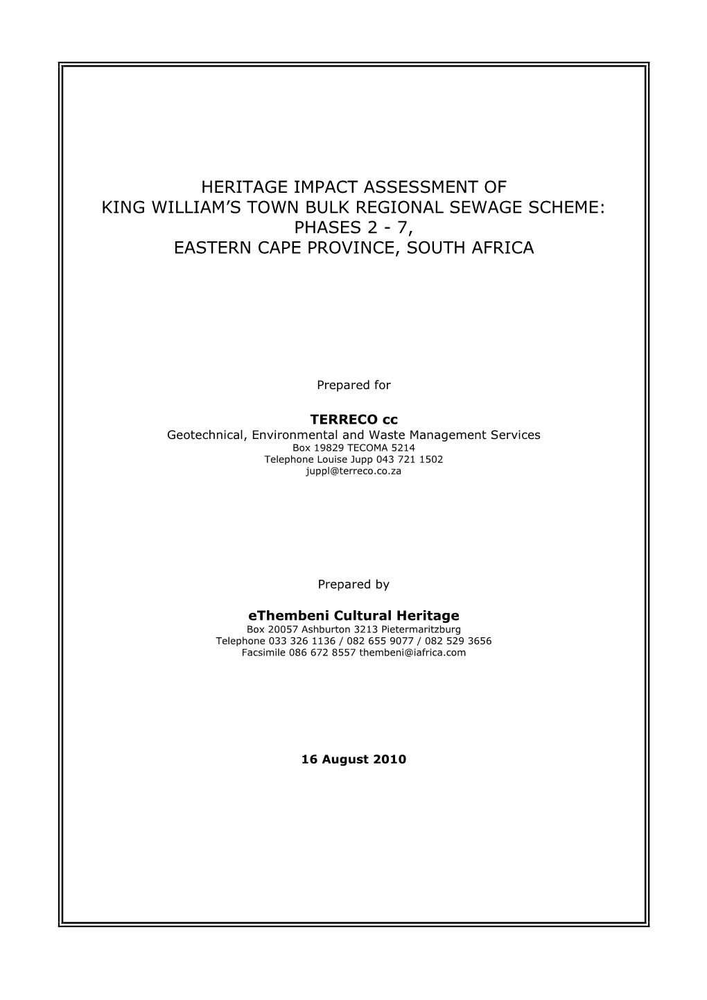 Heritage Impact Assessment of King William’S Town Bulk Regional Sewage Scheme: Phases 2 - 7, Eastern Cape Province, South Africa