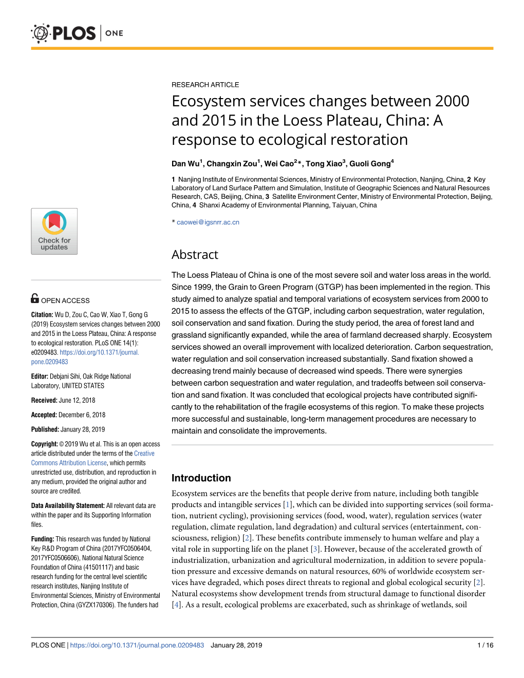 Ecosystem Services Changes Between 2000 and 2015 in the Loess Plateau, China: a Response to Ecological Restoration