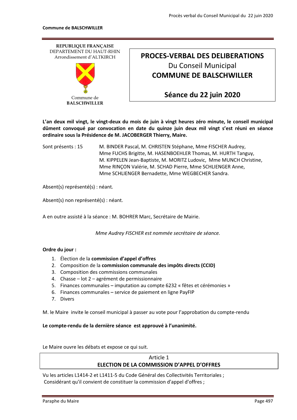PROCES-VERBAL DES DELIBERATIONS Du Conseil Municipal COMMUNE DE BALSCHWILLER