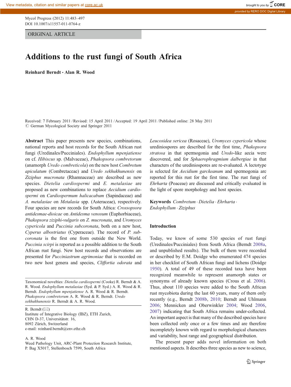 Additions to the Rust Fungi of South Africa