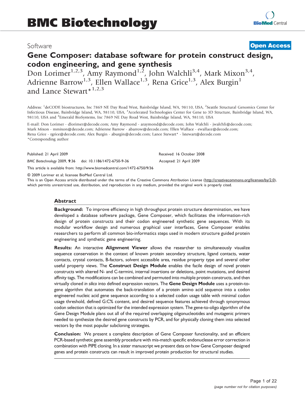 Gene Composer: Database Software for Protein Construct Design, Codon