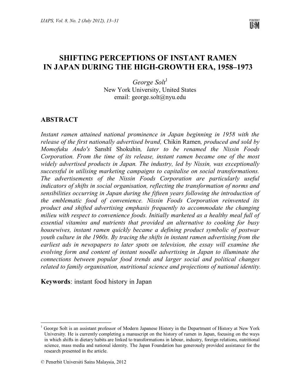 Shifting Perceptions of Instant Ramen in Japan During the High-Growth Era, 1958–1973