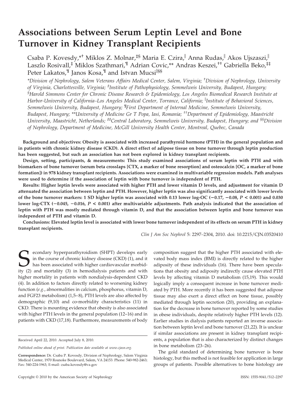 Associations Between Serum Leptin Level and Bone Turnover in Kidney Transplant Recipients