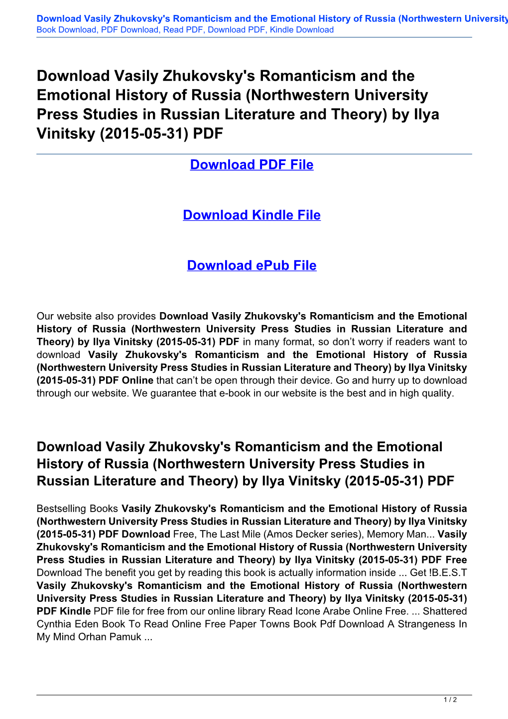 Download Vasily Zhukovsky's Romanticism and the Emotional