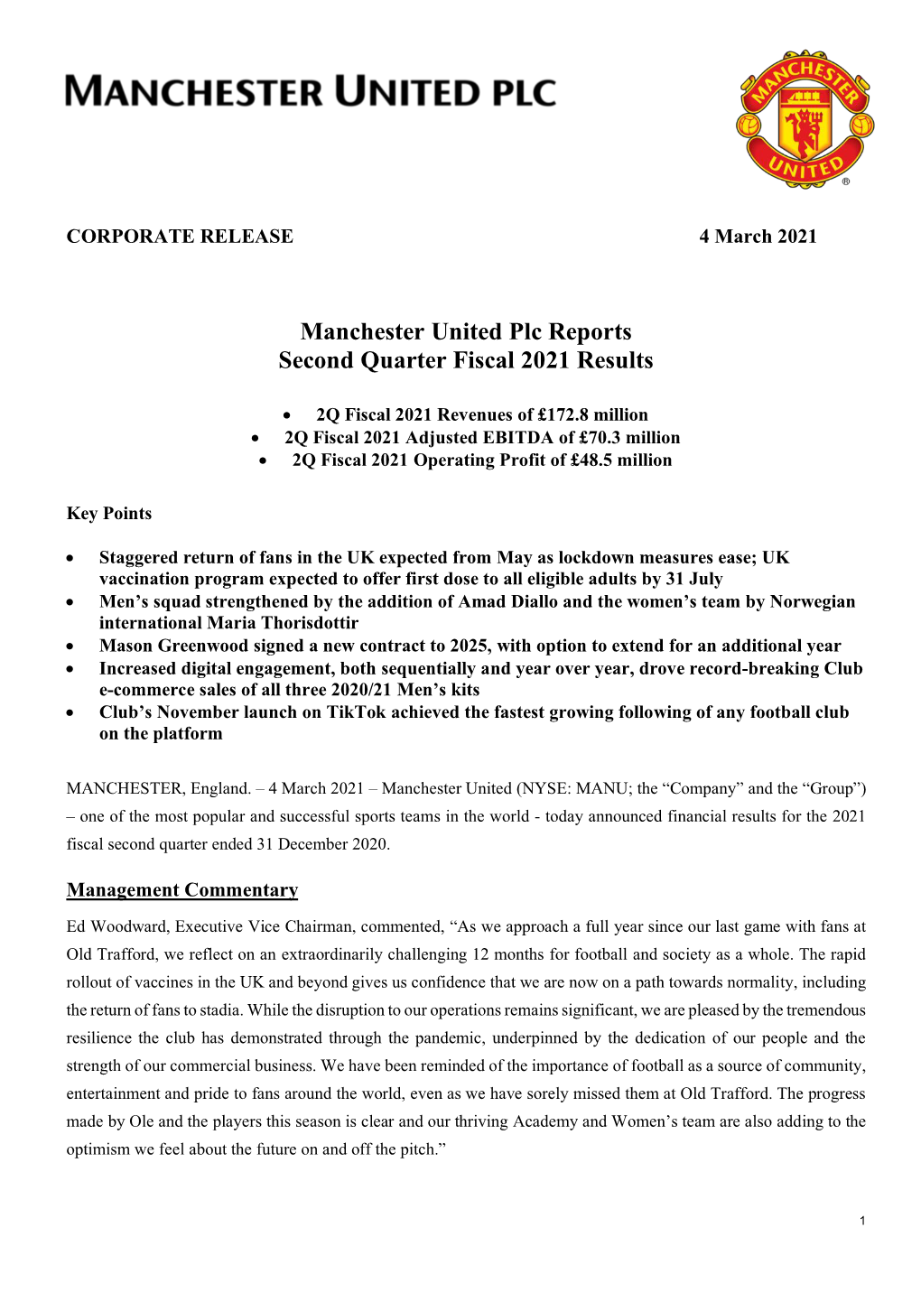 Manchester United Plc Reports Second Quarter Fiscal 2021 Results