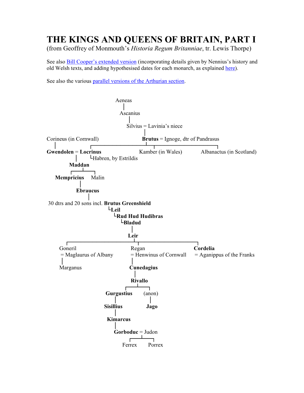 THE KINGS and QUEENS of BRITAIN, PART I (From Geoffrey of Monmouth’S Historia Regum Britanniae, Tr