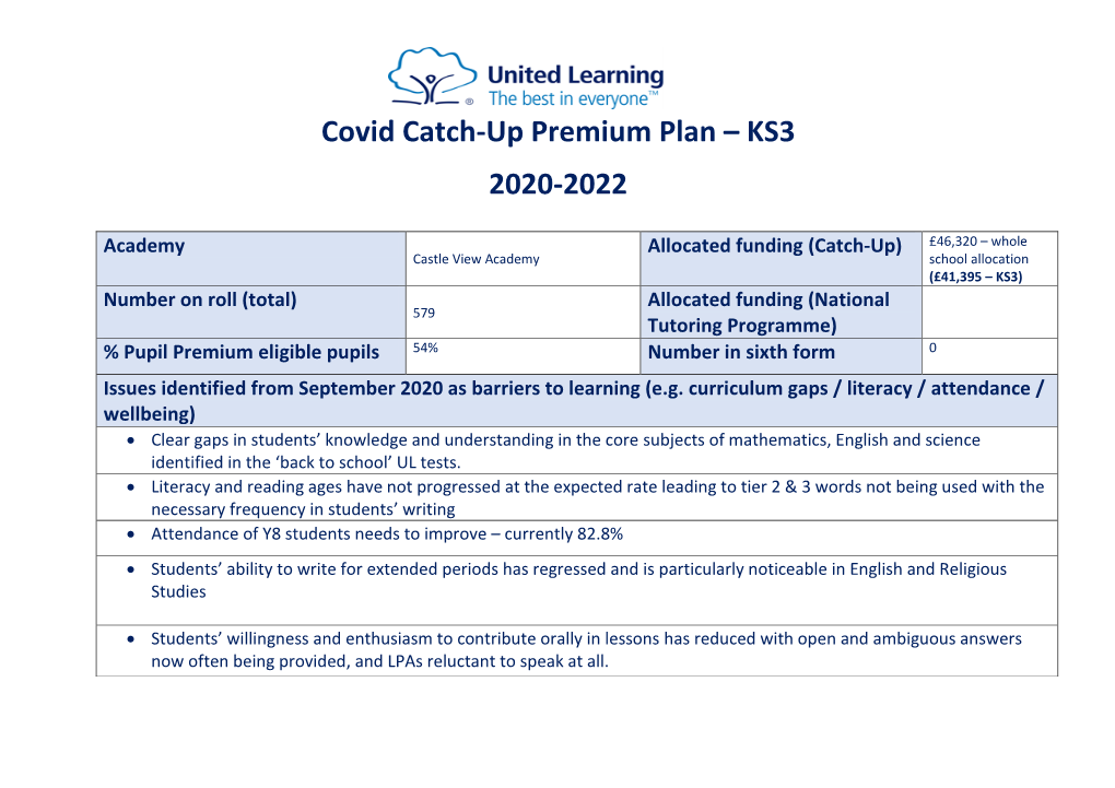 Covid Catch-Up Premium Plan – KS3 2020-2022