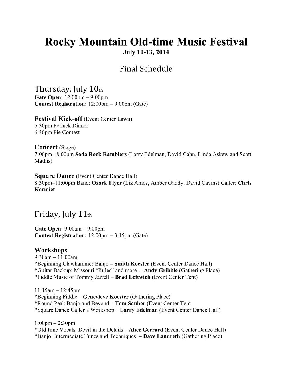 Rocky Mountain Old-Time Music Festival July 10-13, 2014